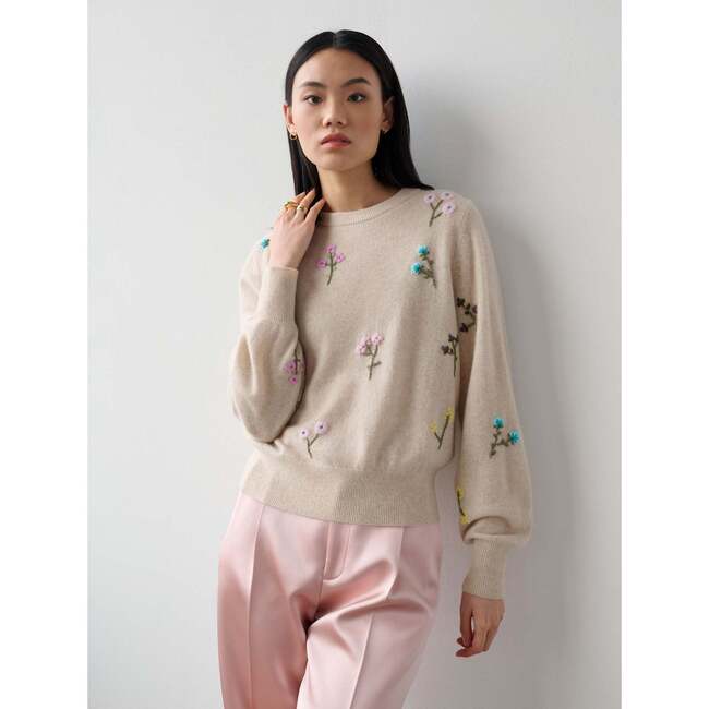 Women's Cashmere Embroidered Floral Crewneck, Champagne Combo - Sweaters - 2