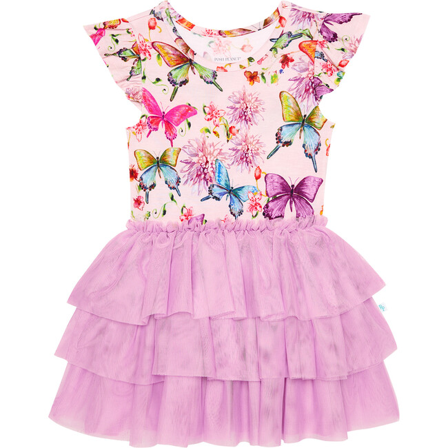 Watercolor Butterfly Ruffled Cap Sleeve Tulle Dress, Pink