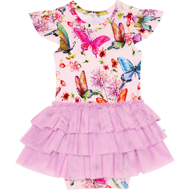 Watercolor Butterfly Ruffled Cap Sleeve Tulle Skirt Bodysuit, Pink
