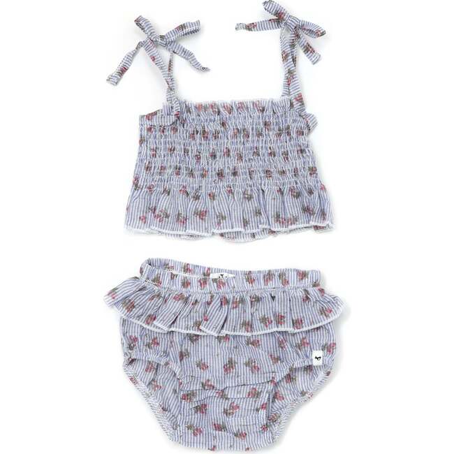 Stripe with Roses Woven Sunsuit Set, Blue