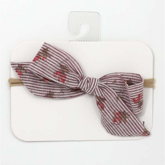 Stripe with Roses Woven Tie Bow Headband, Pink