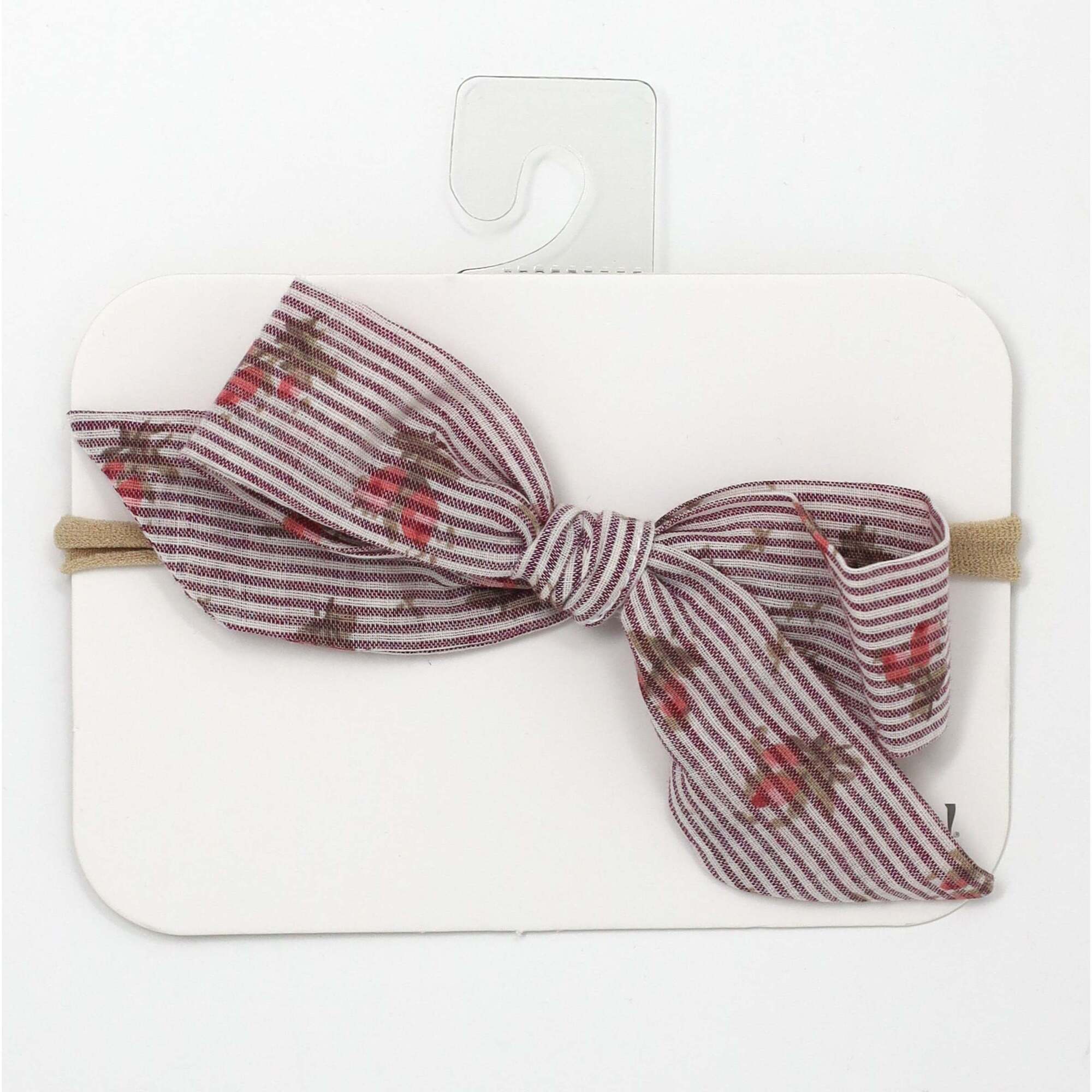 Stripe with Roses Woven Tie Bow Headband, Pink - Headbands - 1