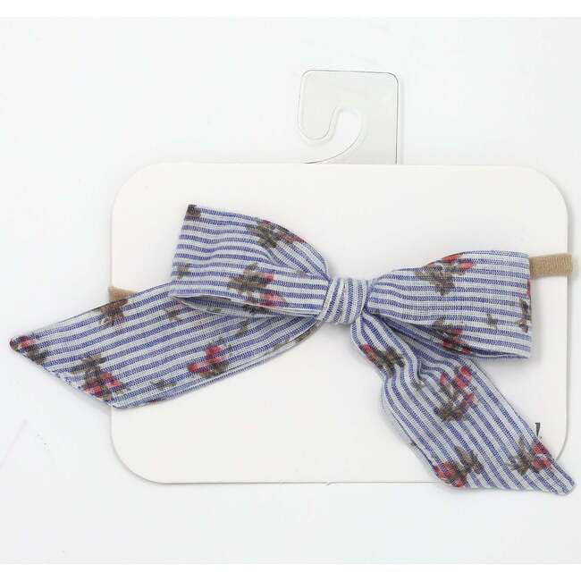 Stripe with Roses Woven Tie Bow Headband, Blue