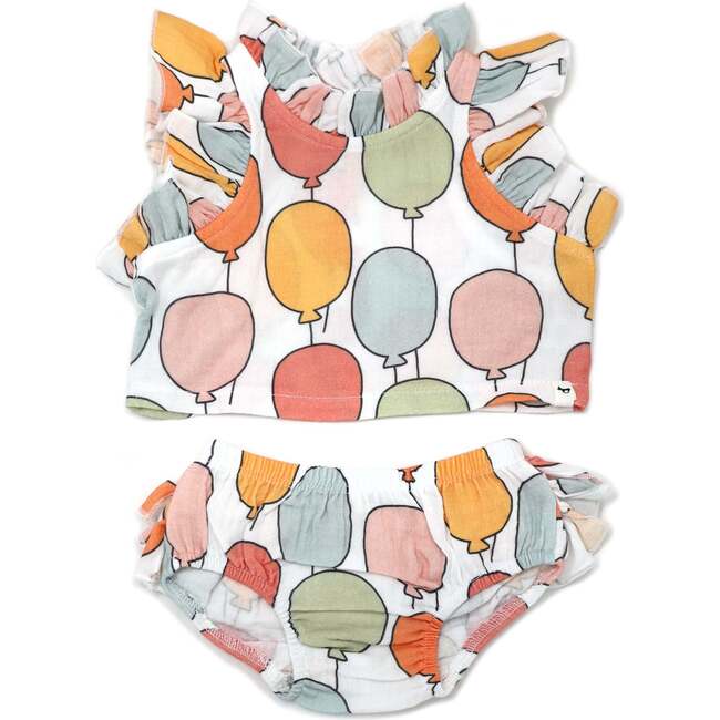 Balloon Print Gauze Lola Top Ruffle Tushie Set, Oyster
