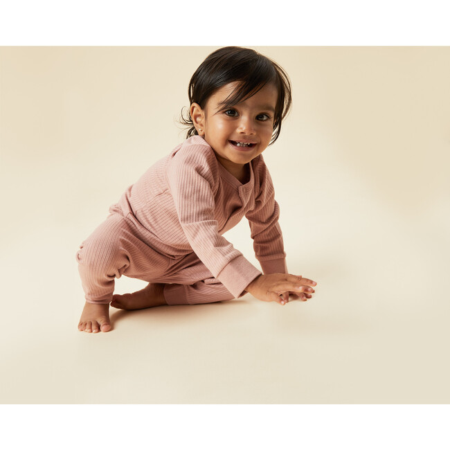 Ribbed Buttoned Neckline Pajamas, Rose - Pajamas - 2