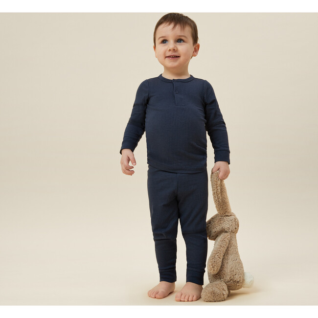 Ribbed Buttoned Neckline Pajamas, Navy - Pajamas - 3