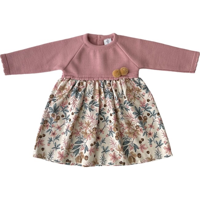 Wild Flower Dusty Pink Knit Dress, Beige Pom pom