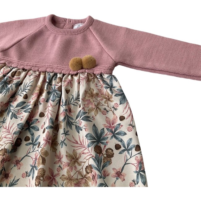 Wild Flower Dusty Pink Knit Dress, Beige Pom pom - Dresses - 3