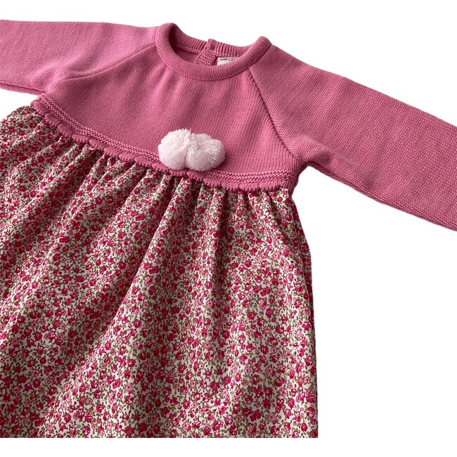 Flower Pink Rose Knit Dress, Pink Pom Pom - Dresses - 3