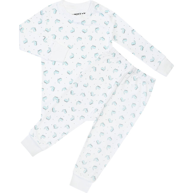 Happy Whale Pajama Set, Blue - Pajamas - 1