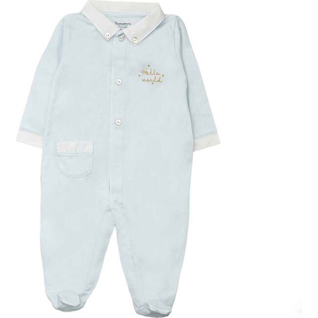 Hello World Pima Cotton Collared Buttoned Footie Playsuit, Blue
