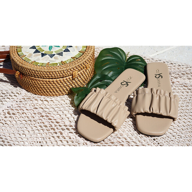 Women's Nyla Square Toe Gathered Ruffle Strap Slide, Beige - Sandals - 3