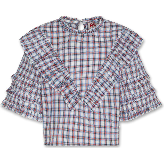 Gine Woven Check Ruffle Collar Wide Sleeve Shirt, Red