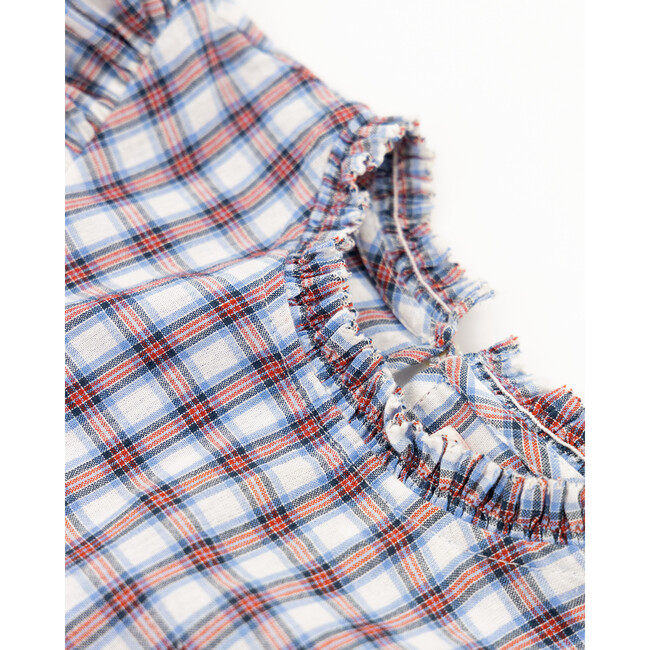 Gine Woven Check Ruffle Collar Wide Sleeve Shirt, Red - Blouses - 2