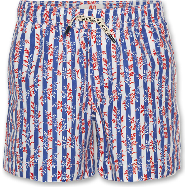 Garden Print Striped Swimshorts, Navy And White - Swim Trunks - 1