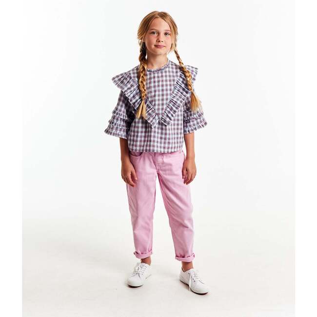 Gine Woven Check Ruffle Collar Wide Sleeve Shirt, Red - Blouses - 4