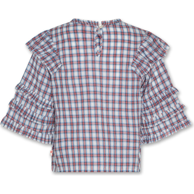 Gine Woven Check Ruffle Collar Wide Sleeve Shirt, Red - Blouses - 6