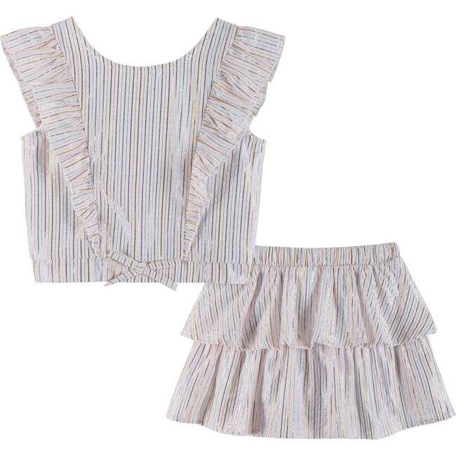 Striped Lurex Top & Skirt Set, White