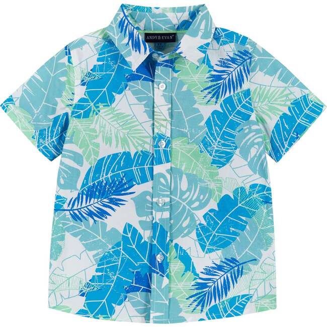 Short Sleeve Palm Leaves Print Button-Up, Blue