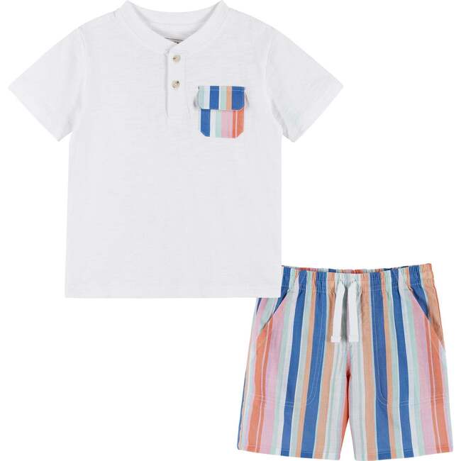 Striped Henley Tee & Shorts Set, White