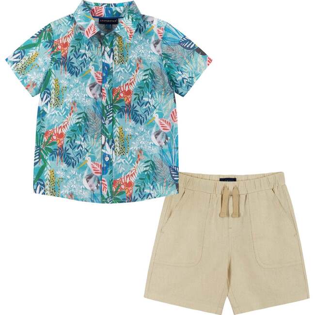 Safari Animal Print Button-Up & Short Set, Green