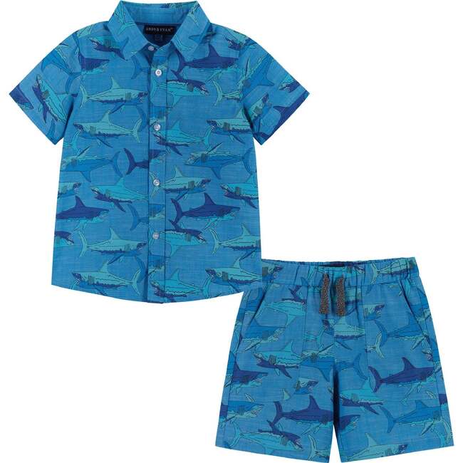 Shark Print Button-Up & Short Set, Blue