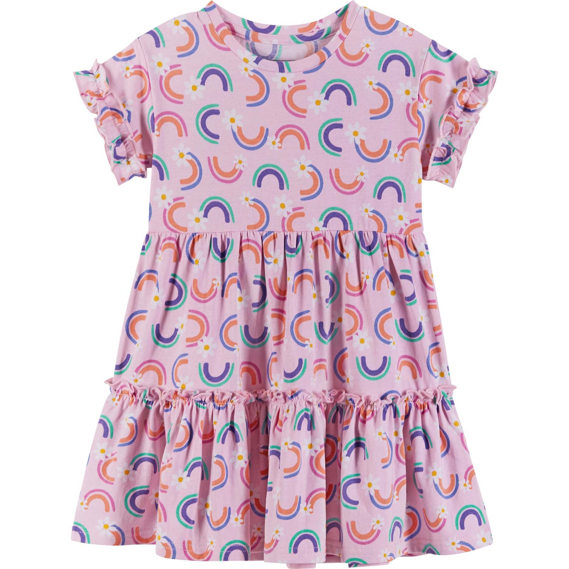 Rainbow & Daisy Print Dress, Pink - Dresses - 1