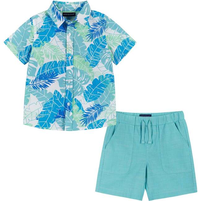 Palm Leaves Print Button-Up & Short Set, Blue