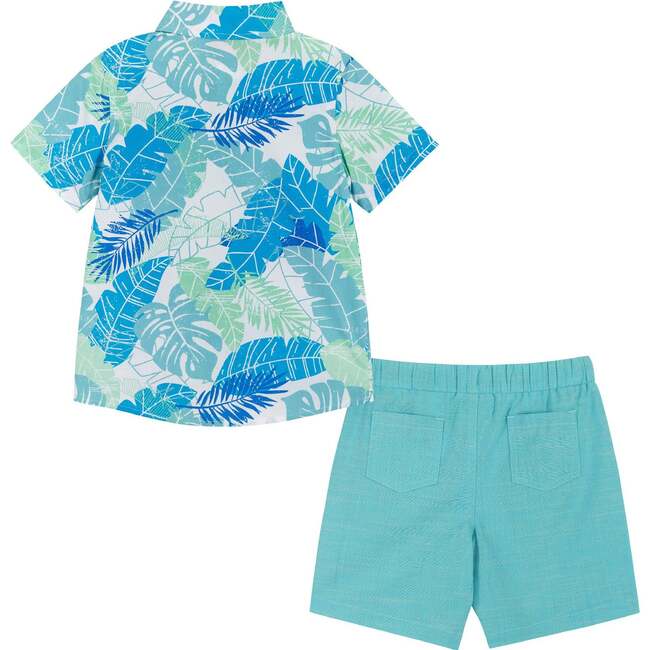Palm Leaves Print Button-Up & Short Set, Blue - Mixed Apparel Set - 4