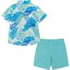 Palm Leaves Print Button-Up & Short Set, Blue - Mixed Apparel Set - 4