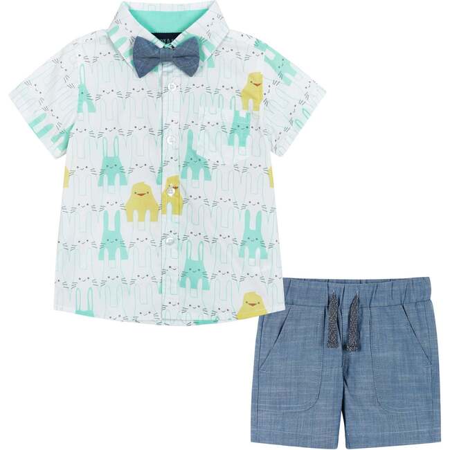 Easter Animals Print Button Up & Shorts Set, Blue