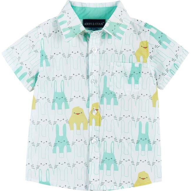 Easter Animals Print Button Up & Shorts Set, Blue - Mixed Apparel Set - 2