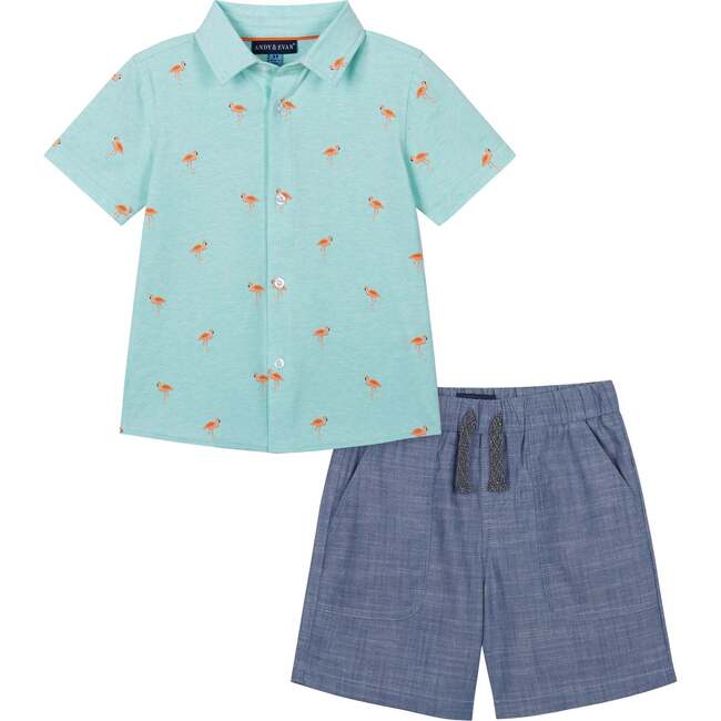 Baby Fun Print Knit Button-Up & Short Set, Blue