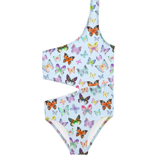 Butterfly Print One Shoulder Side Cut Bathing Suit, Blue And Multicolors - One Pieces - 1
