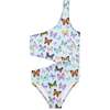Butterfly Print One Shoulder Side Cut Bathing Suit, Blue And Multicolors - One Pieces - 1 - thumbnail