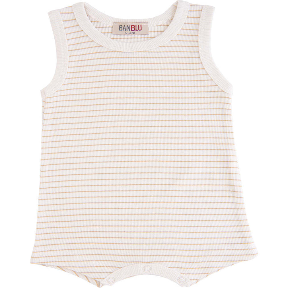 Striped Sleeveless Modal Romper, Beige - Bodysuits - 1