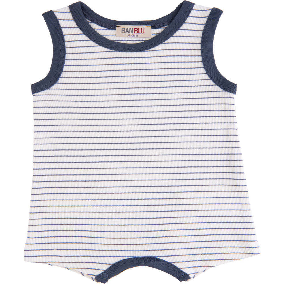 Striped Sleeveless Modal Romper, Navy - Bodysuits - 1