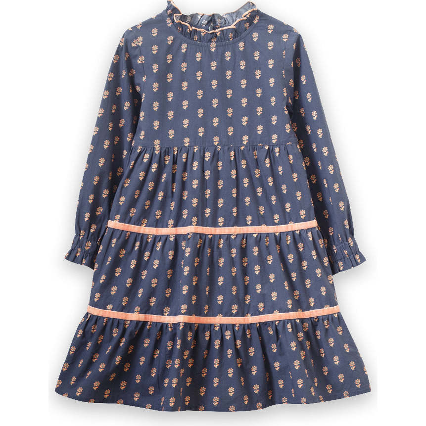 Long Sleeves Tiered Skirt Dress with Velvet Trim, Orange - Dresses - 1