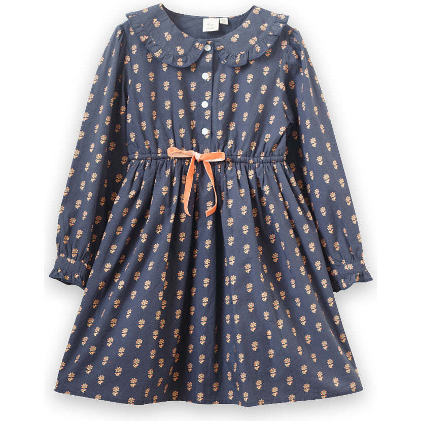 Long Sleeve Collar Dress with Velvet Tie, Black & Orange - Dresses - 1
