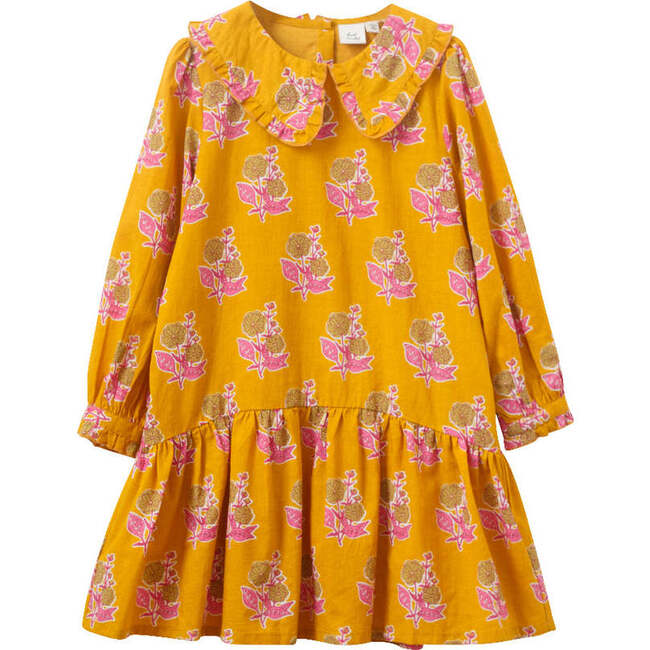 Wide Collar Long Sleeve Dress with Low Waist, Mustard and Pink