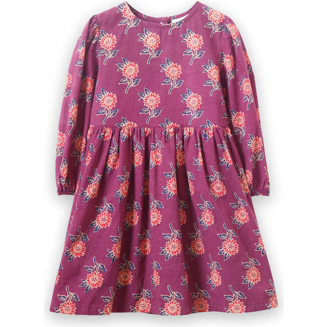 Girls' Long Sleeve Dress with Floral Motif, Purple & Red