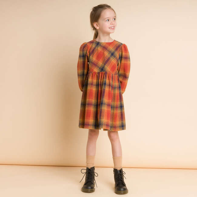 Girls' Long Sleeve Plaid Flannel Dress, Orange - Dresses - 2