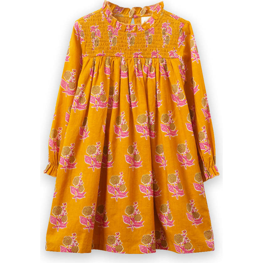 Smocked Long Sleeve Dress, Mustard and Pink - Dresses - 1