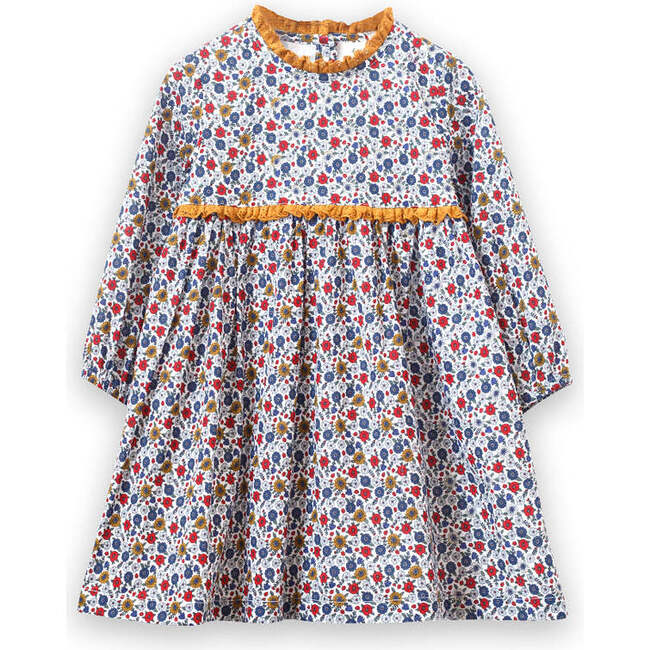 Toddler Long Sleeves Dress with Lace Trim, Mustard and Blue Floral