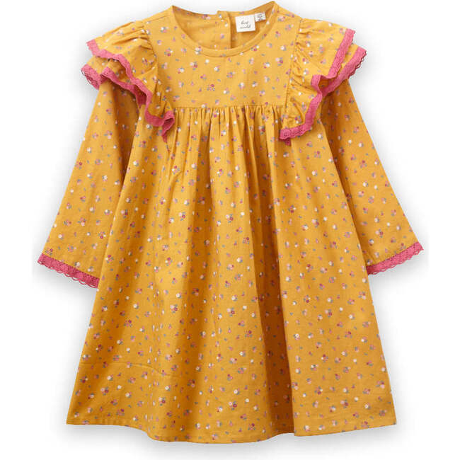 Toddler Long Flutter Sleeves Dress with Lace Trim, Mustard & Pink