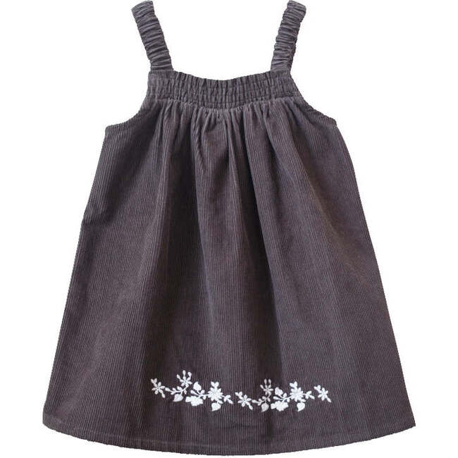 Toddler Pinafore Corduroy Dress with Embroidery, Gray & White