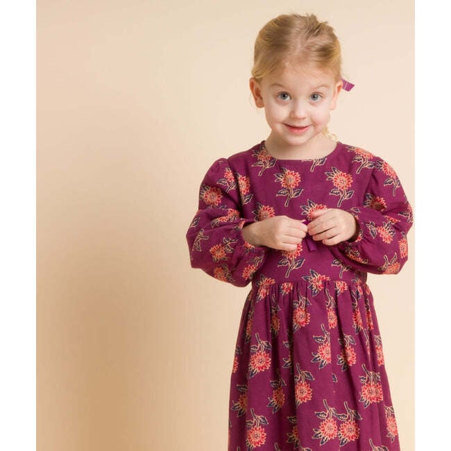 Girls' Long Sleeve Dress with Floral Motif, Purple & Red - Dresses - 2