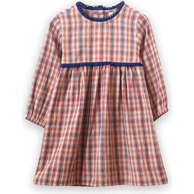 Toddler Long Sleeves Dress with Lace Trim, Red and Blue Check