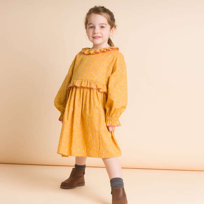 Ruffle Collar Long Sleeve Dress, Mustard and Pink - Dresses - 2