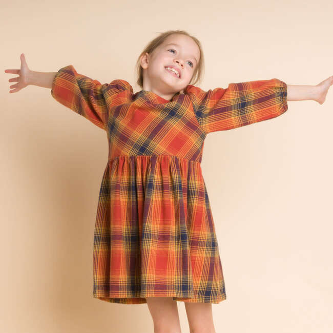 Girls' Long Sleeve Plaid Flannel Dress, Orange - Dresses - 3